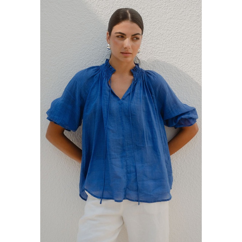 Expedition Blue Shirred Neck Short Sleeve Top