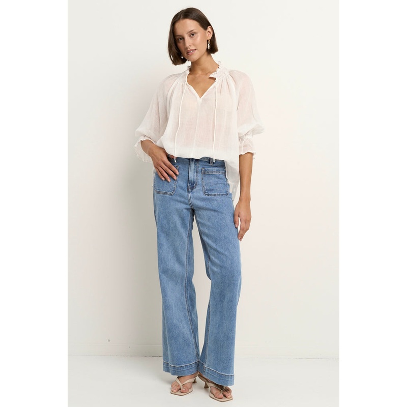 Expedition Ivory Ramie Shirred Neck Short Sleeve Top