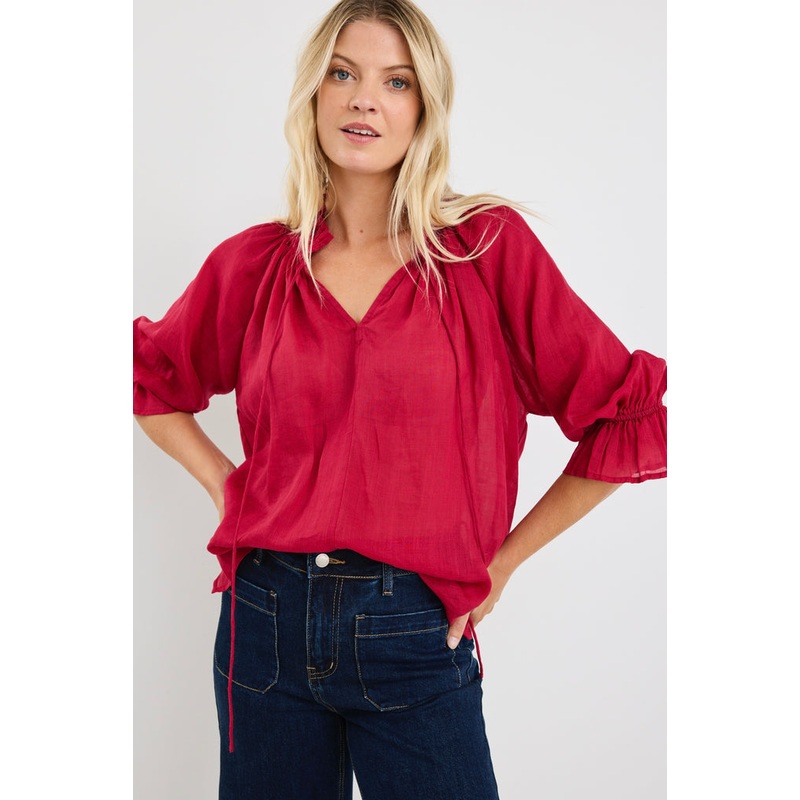 Expedition Raspberry Shirred Neck Short Sleeve Top