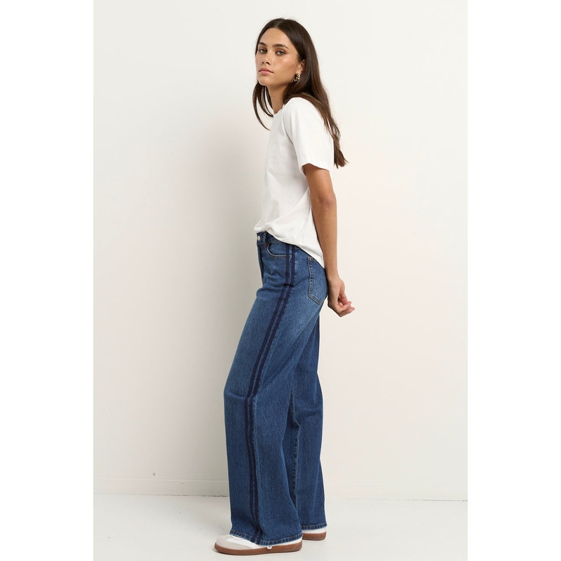 Manhattan Mid Blue Mid Rise Side Stripe Wide Leg Jean