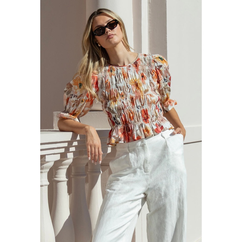 Melodic Sunrise Meadow Shirred Body Short Sleeve Top