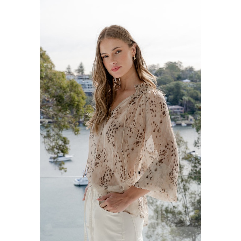 Odyssey Beige Leopard Georgette Shirred Neck LS Top
