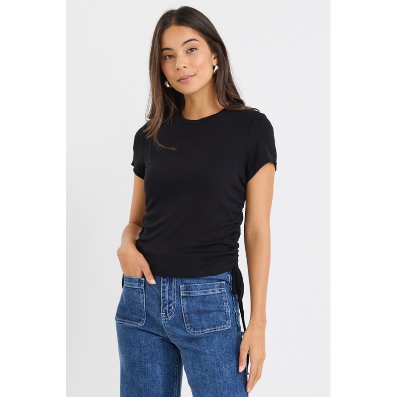Perfect Black Rib Rouched Side Crop Tee