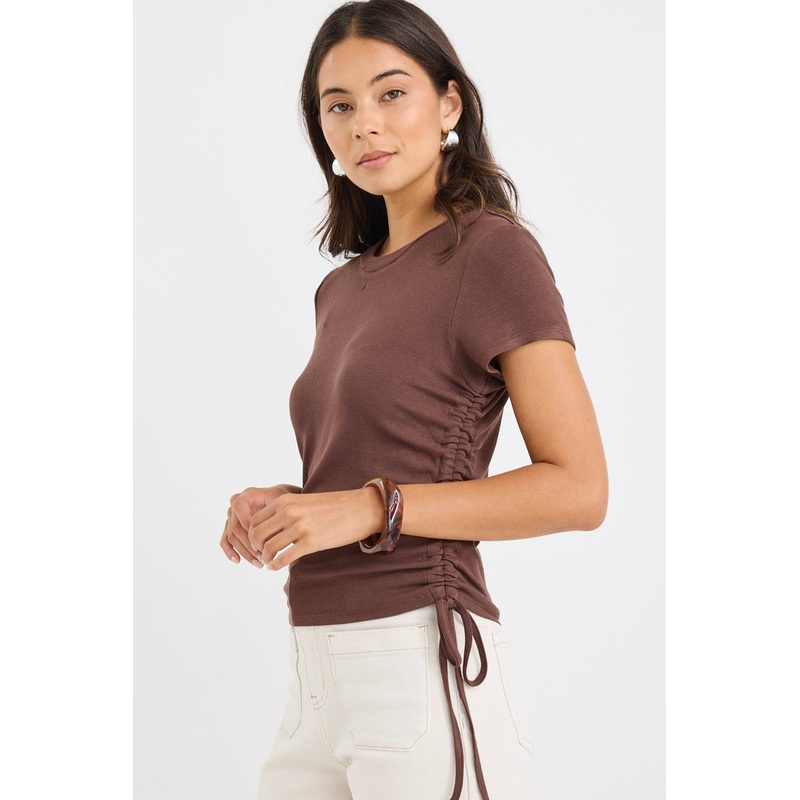 Perfect Chocolate Rib Rouched Side Crop Tee