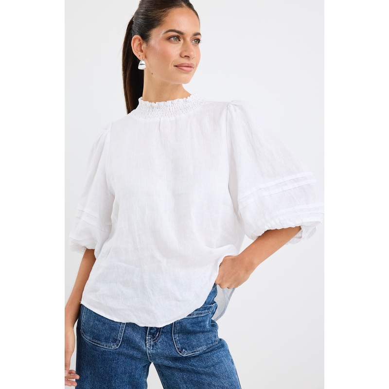Polished Ivory Linen High Neck Pleat Sleeve Top