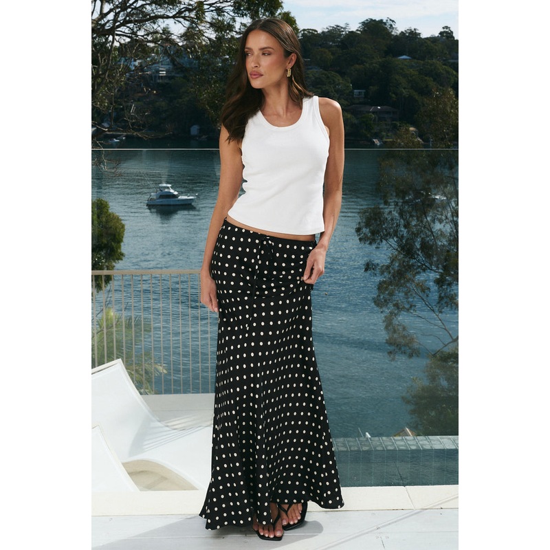 Rarity Black White Polka Dot Satin Tie Waist Bias Maxi Skirt