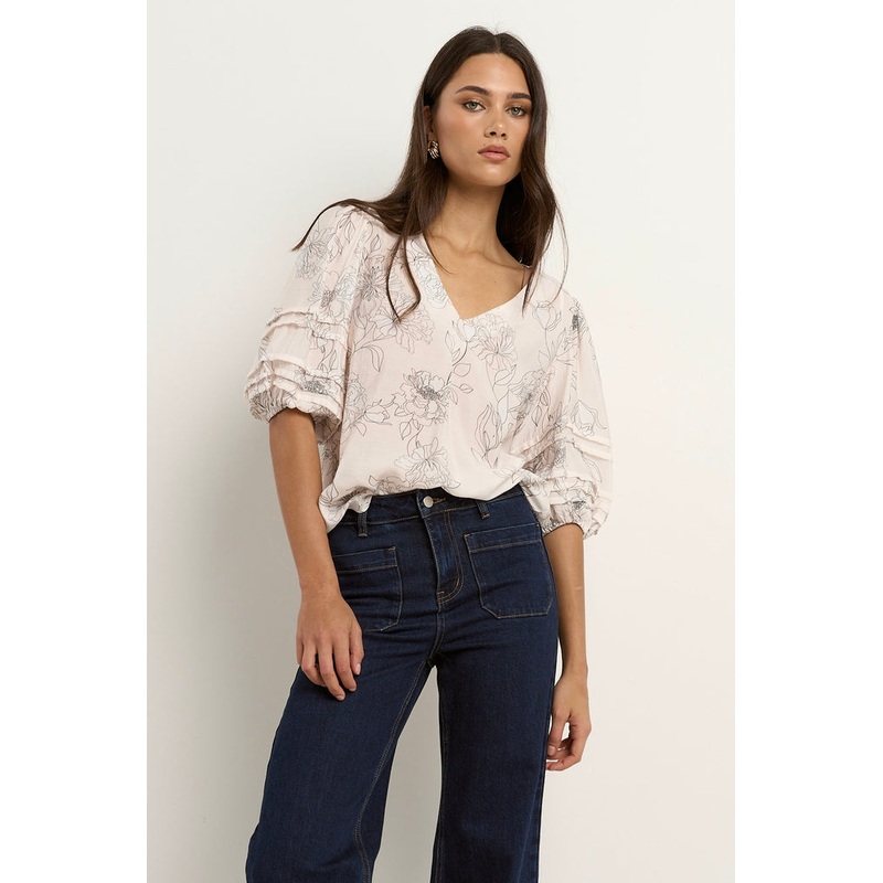 Recall Ivory Sketch Floral Pleat Sleeve Crew Top