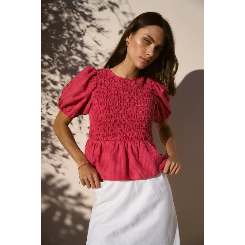 Requite Raspberry Ditsy Gingham Shirred Body SS Top
