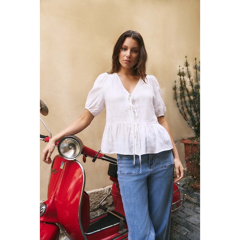 Restore Ivory Linen Tie Front Peplum SS Top
