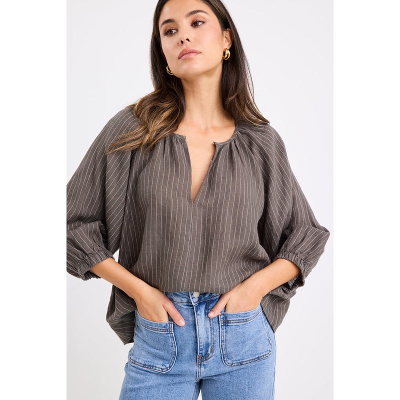 Revolutionary Khaki Stripe Linen Relaxed LS Top