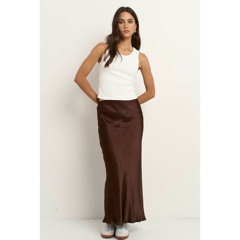 Rosette Chocolate Satin Bias Midi Skirt
