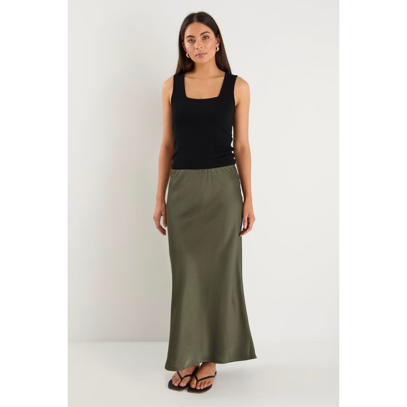 Rosette Khaki Satin Bias Midi Skirt