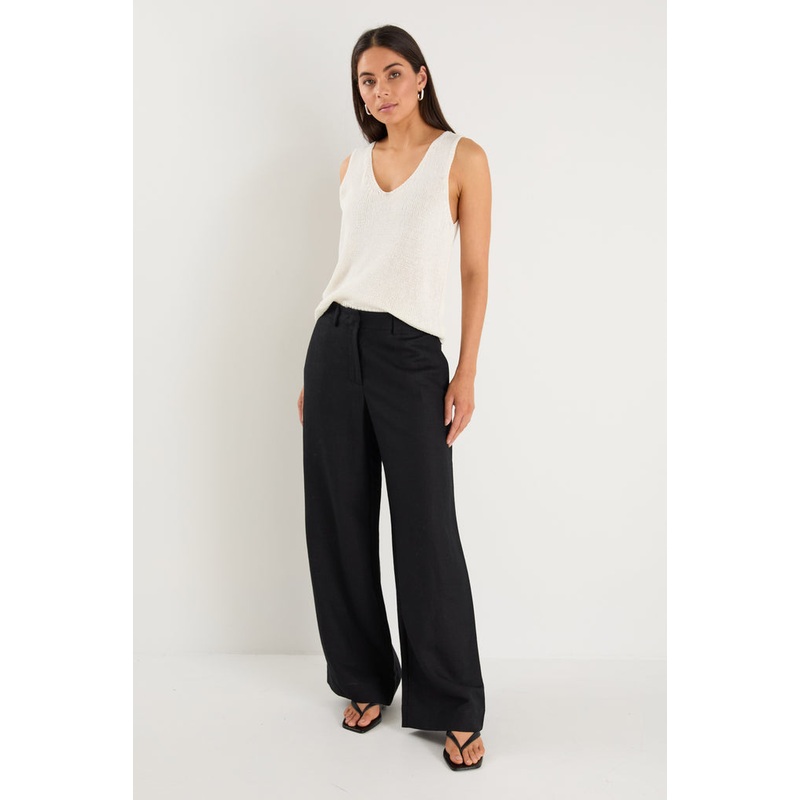 Shelter Black Linen Viscose Flat Front Wide Pants