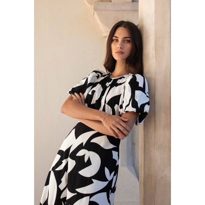 Stage Black Ivory Cut Out Print Puff Sleeve Floaty Maxi Dress