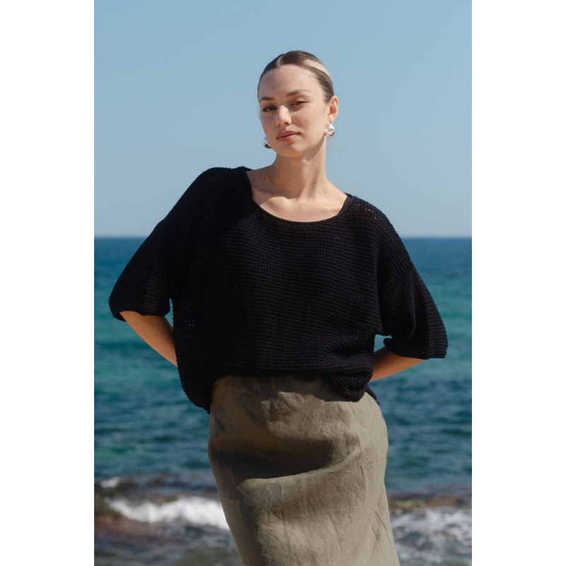 Sunrise Black SS Crochet Knit Top