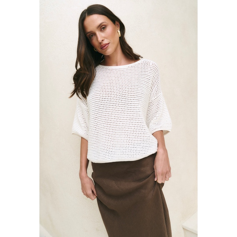 Sunrise Ivory SS Crochet Knit Tee