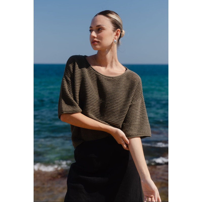 Sunrise Khaki SS Crochet Knit Top