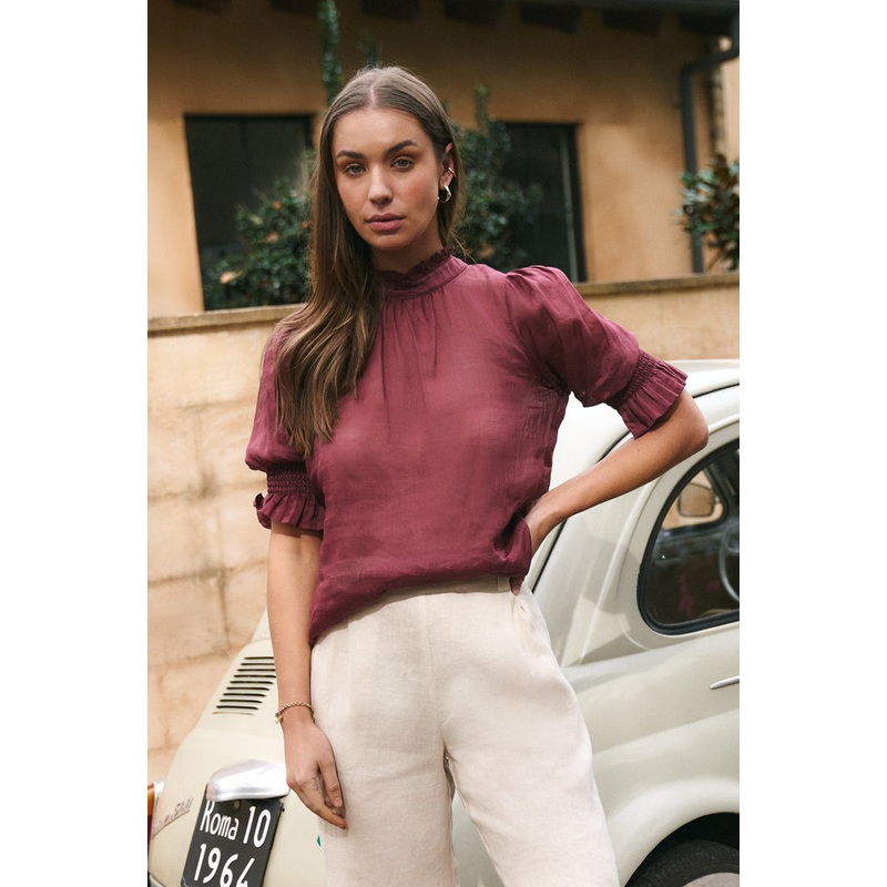 Verse Burgundy Plum Sheer High Neck Short Sleeve Top