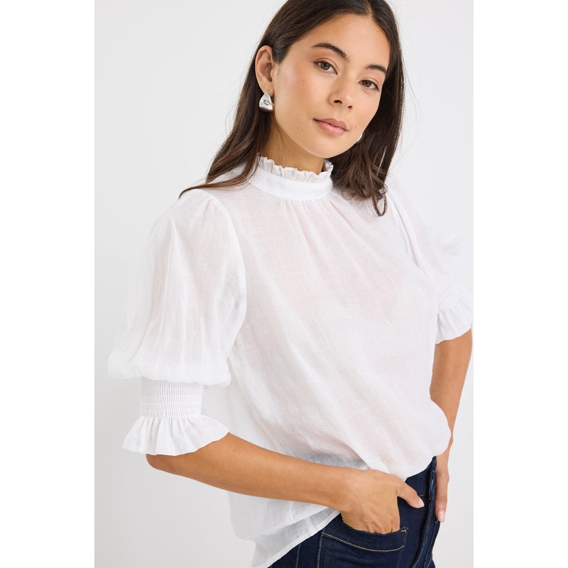 Verse Ivory Sheer High Neck Short Sleeve Top