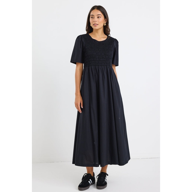 Wren Black Linen Blend SS Shirred Bodice Midi Dress