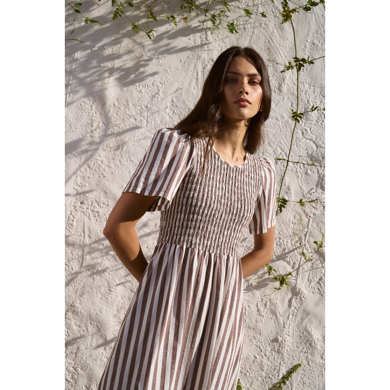 Wren Chocolate Stripe Cotton SS Shirred Bodice Midi Dress