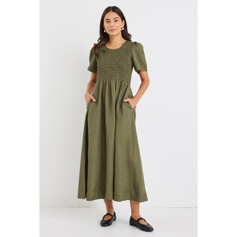 Wren Khaki Linen Blend SS Shirred Bodice Midi Dress