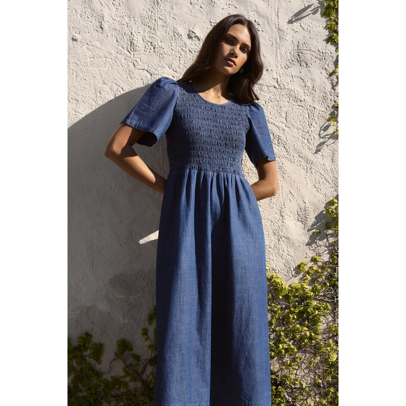 Wren Storm Blue Cotton SS Shirred Bodice Midi Dress