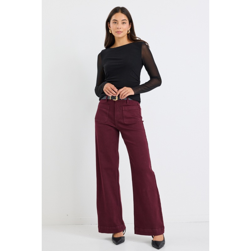 Zoey Burgundy Plum High Rise Wide Leg Pocket Jean