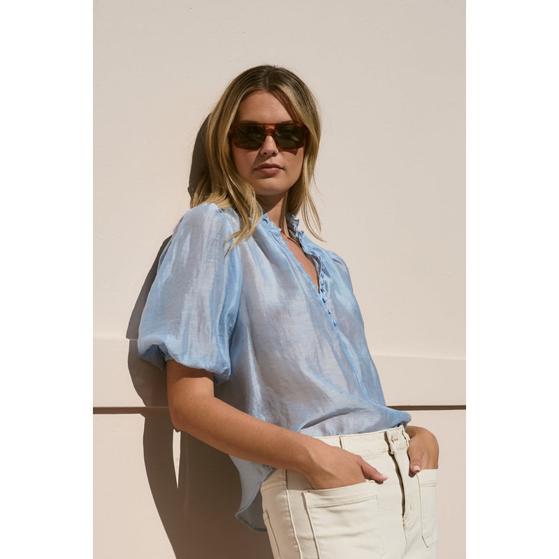 Closure Pale Blue Sheer High Neck Buttoned SS Top