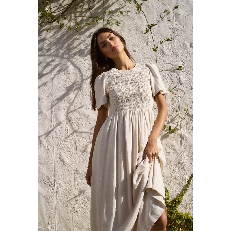 Wren Natural SS Shirred Bodice Midi Dress