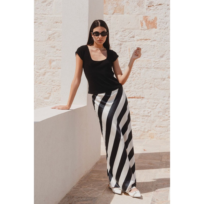 Fiery Black White Stripe Satin Bias Maxi Skirt
