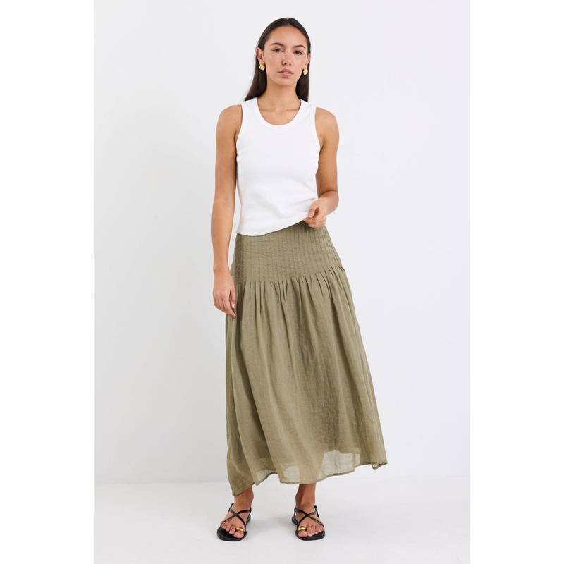 Pepe Khaki Linen Pintuck Waist Tiered Midi Skirt
