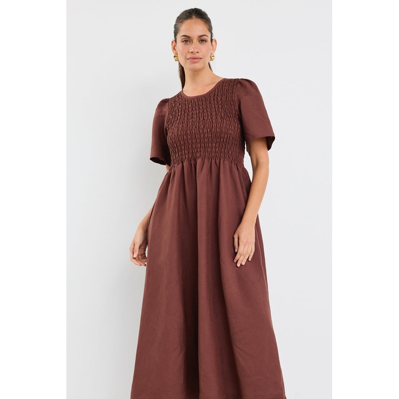 Wren Chocolate Linen Blend SS Shirred Bodice Midi Dress