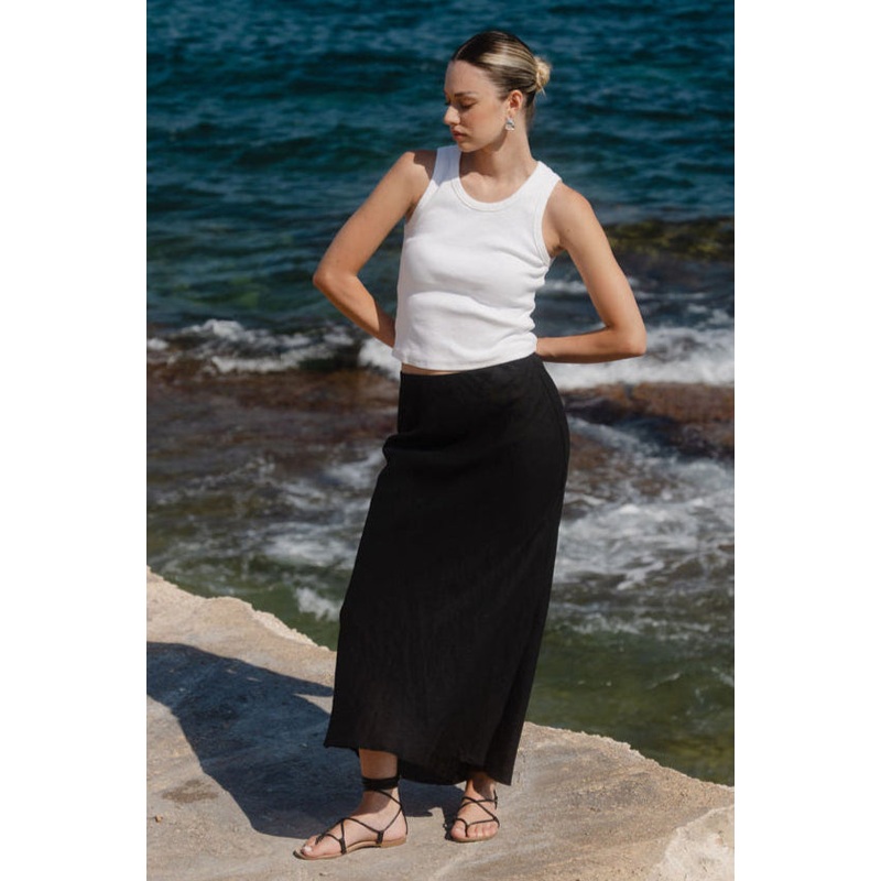 Bliss Black Linen Bias Midi Skirt