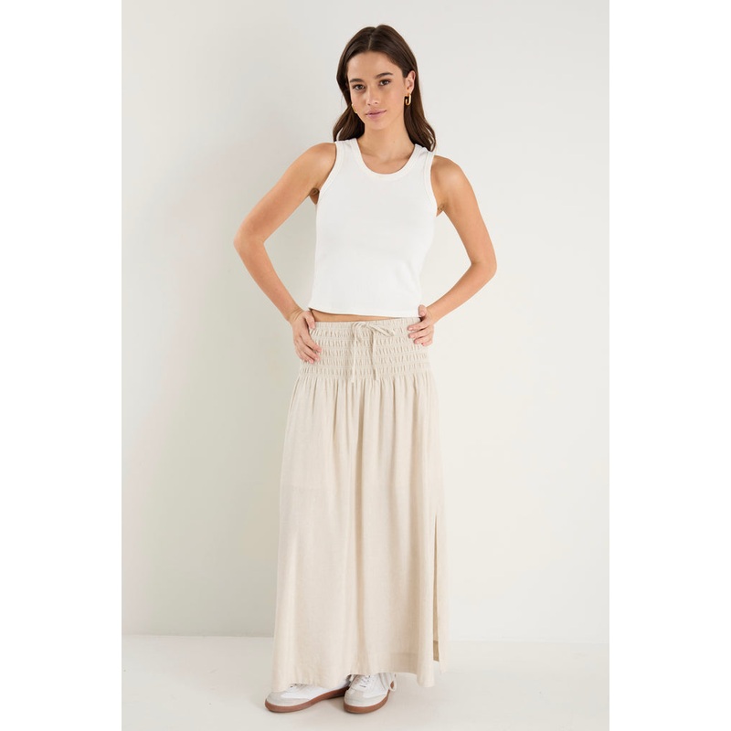 Byron Natural Linen Shirred Waist Maxi Skirt