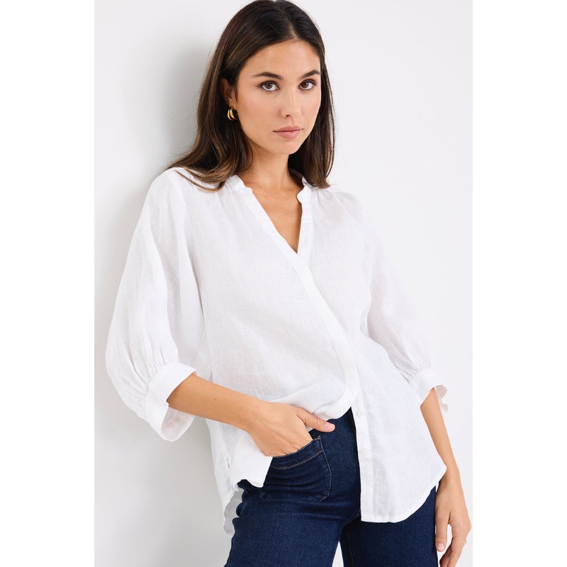Deity White Linen Button Through Puff Sleeve Ss Blouse