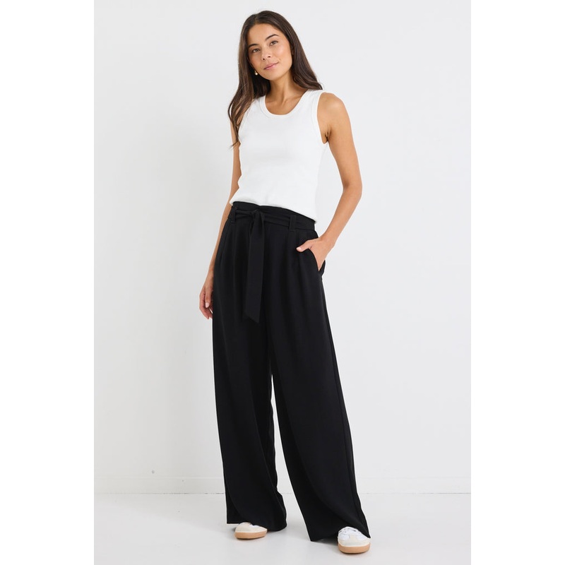 Sydney Black Crepe Wide Leg Tie Belt Pant