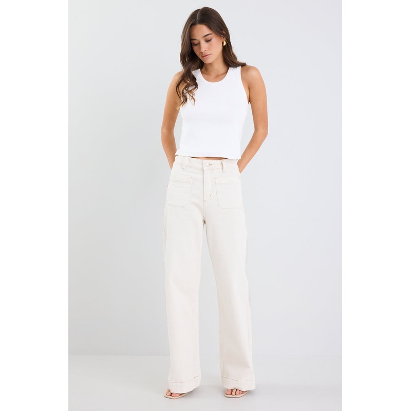 Zoey Ecru High Rise Wide Leg Pocket Jean