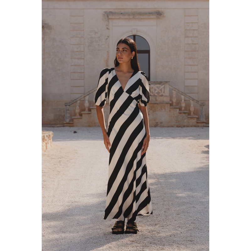 Amora Black White Stripe SS Bias Midi Dress