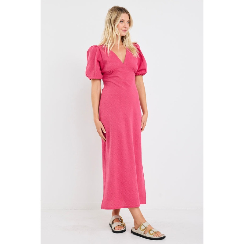 Amora Raspberry Ditsy Gingham SS Bias Midi Dress