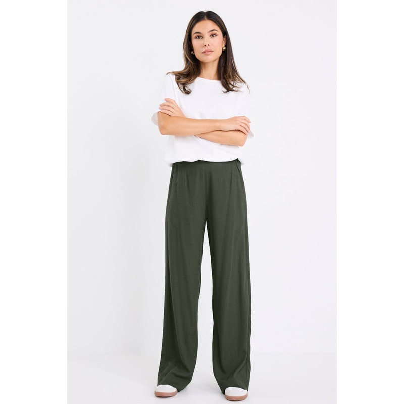 Boulevard Khaki Linen Viscose Wide Leg Pants