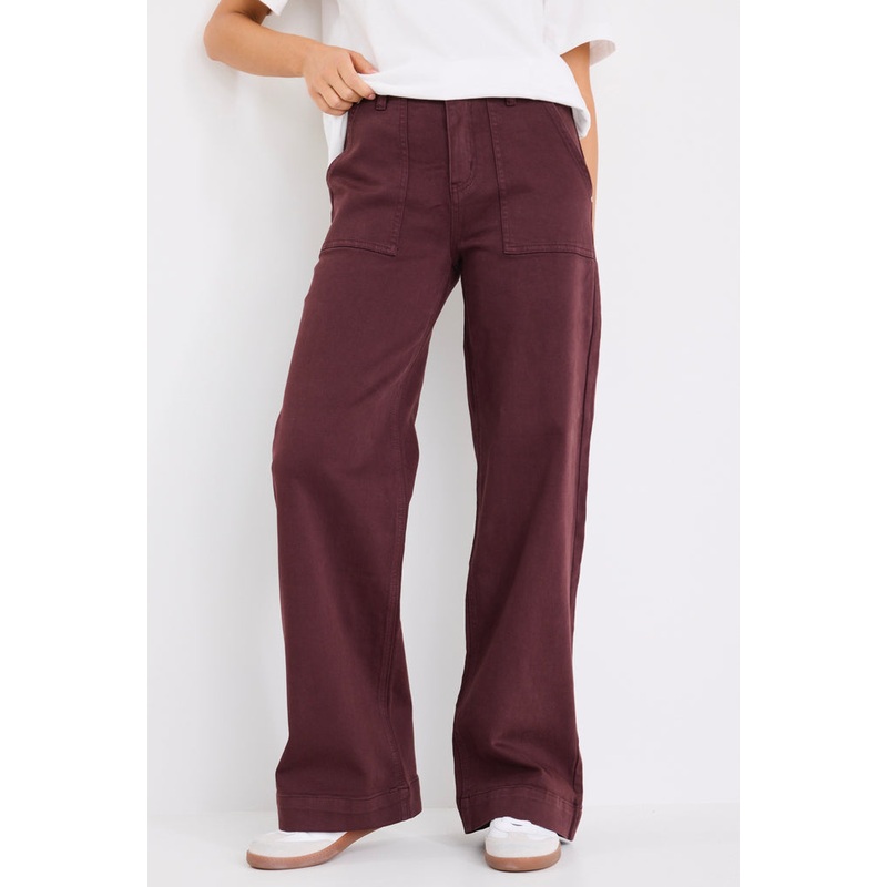 Feature Eggplant Mid Rise Front Pocket Wide Leg Jean