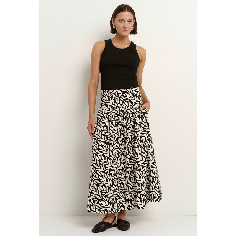 Goodness Black Leaves Shirred Back Tiered Maxi Skirt