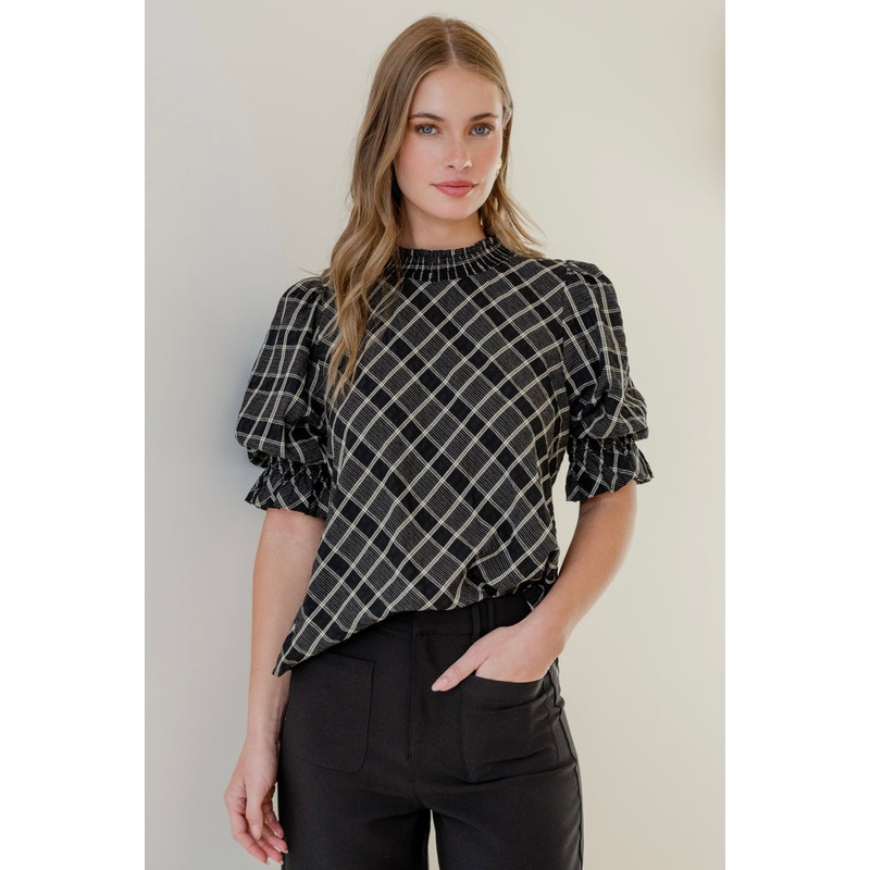 Influential Black Check High Neck SS Top