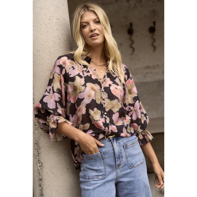 Mastery Black Pressed Flower Button Through Top