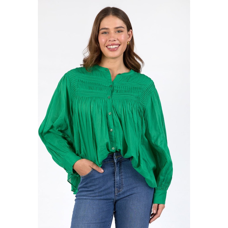 Montanna Pine Green Shirred Button Through LS Blouse