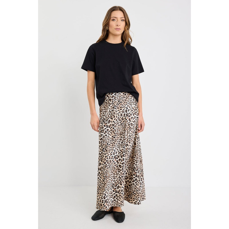 Prodigy Satin Leopard Print Bias Cut Midi Skirt