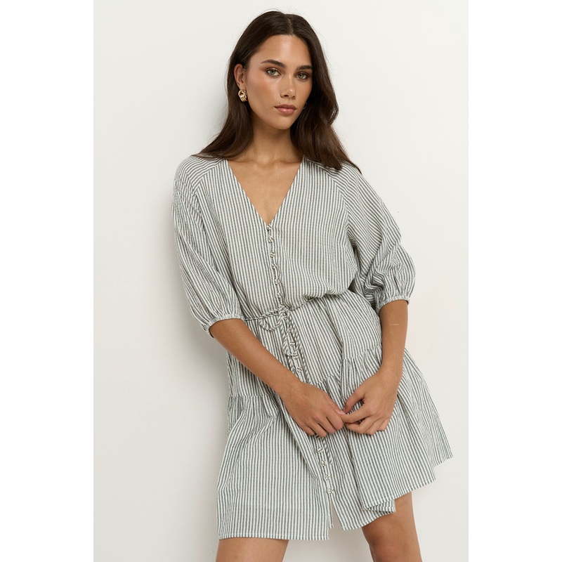 Switch Khaki Stripe Puff Sleeve Button Front Mini Dress
