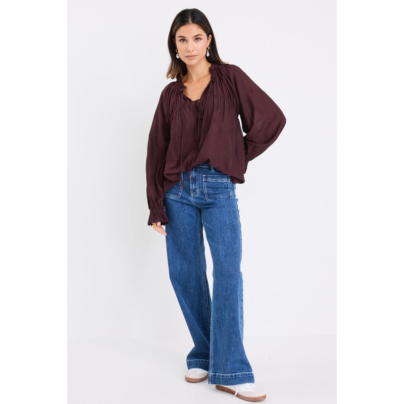 Artist Chocolate Voile LS Tie Front Relaxed Gathered Top