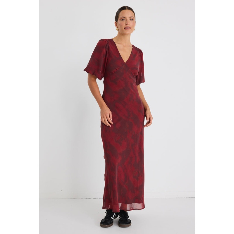 Aura Plum Smudge SS Bias Midi Dress